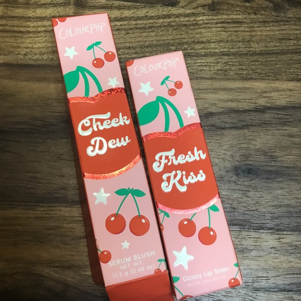 Colourpop set cherry, cheek dew blush and fresh kiss lipstick
